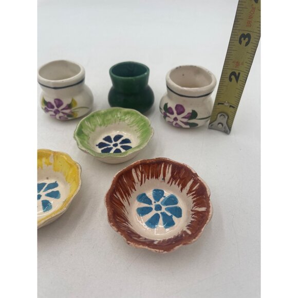 Vintage Miniature Ceramic Dishes & cups Hand-Painted Floral Designs Mexican Rust - Picture 9 of 10